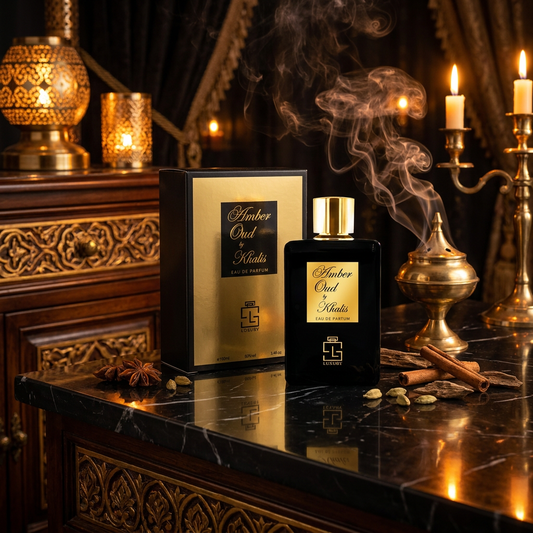 Amber Oud, Khalis Luxury Collection, EDP 100 ml – mausteinen ja puumainen unisex-tuoksu