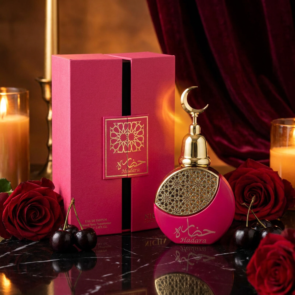 100 ml Eau de Perfume Oriental HADARA (TOP: CHERRY, AMARETTO NUTMEG; MIDDLE: ROSE, BENZOIN; BASE: PATCHOULI, MUSK, VANILLA, AMBER)