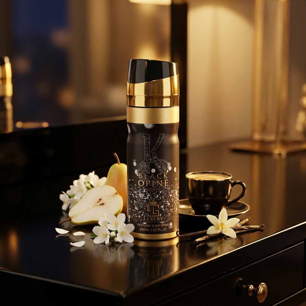 Perfume Body Spray BLACK OPINE 200 ML (Top: PINK PEPPER, ORANGE BLOSSOM, PEAR; Middle: WHITE FLOWERS, JASMINE, COFFEE; Base: VANILLA, PATCHOULI, CEDARWOOD, MUSK) 3 