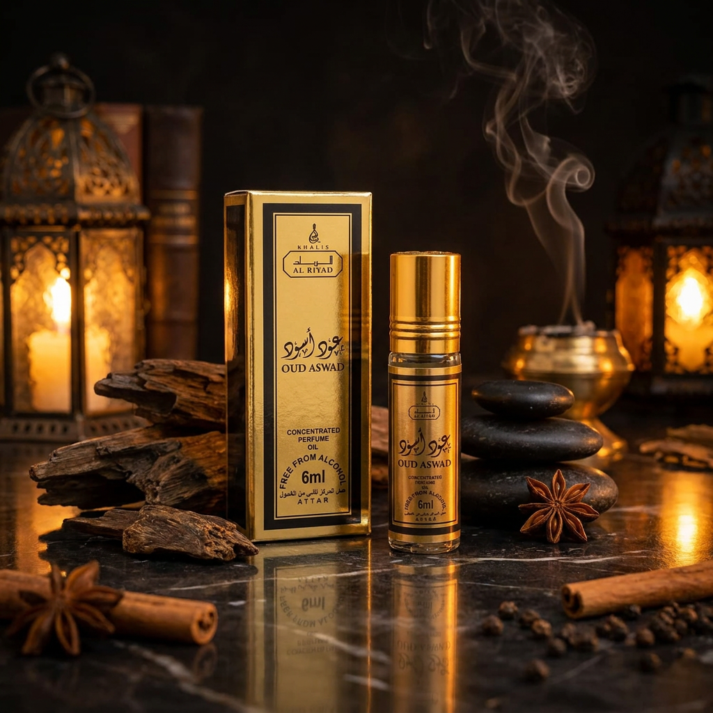 OUD ASWAD 6 ml perfume oil (TOP: PINK GRAPEFRUIT, CLARY SAGE, CARDAMOM; MIDDLE: RED GINGER, ORRIS, PATCHOULI; BASE: AGARWOOD, BLACK MUSK, AMBERGRIS, LABDAMUM, TONKA BEAN) 3 