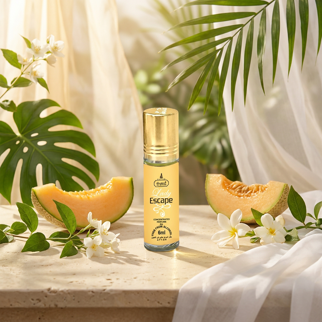 LADY ESCAPE 6 ml perfume oil (TOP: SWEET, MELONY, FRUITY, EXOTIC, FLORAL, BERGAMOT; MIDDLE: BALSAMIC, OZONE, GREEN, HERBACEOUS, MUGUET, JASMINE, METALLIC, ROSACEOUS, FEMININE; BASE: POWEDERY, SANDAL, WODDY, AMBRETTE, MUSKY) 4 