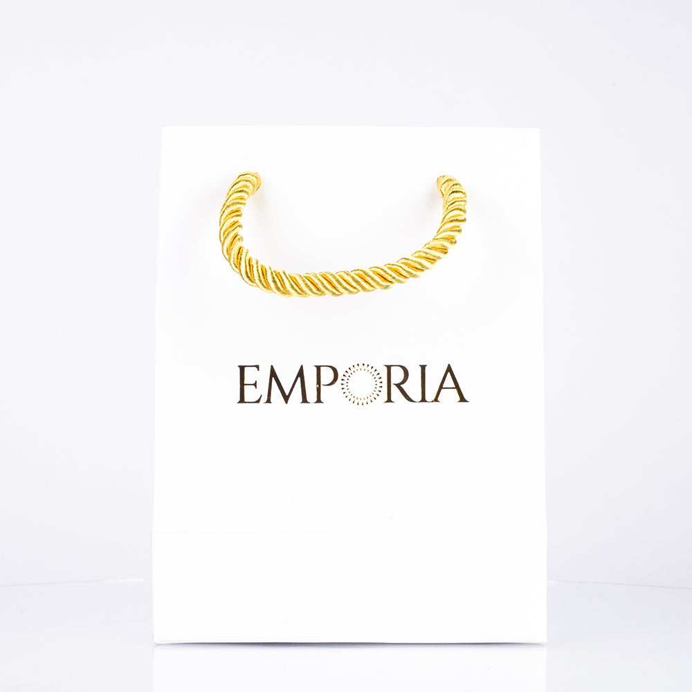 Valkoinen elegantti paperipussi Emporia logolla, 22x15x6 cm