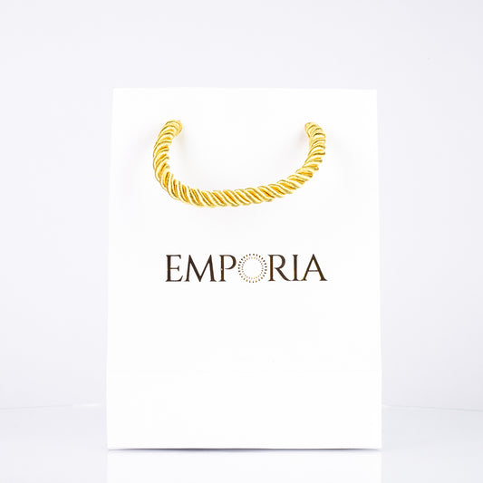 Valkoinen elegantti paperipussi Emporia logolla, 22x15x6 cm