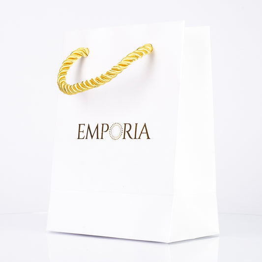 Valkoinen elegantti paperipussi Emporia logolla, 22x15x6 cm