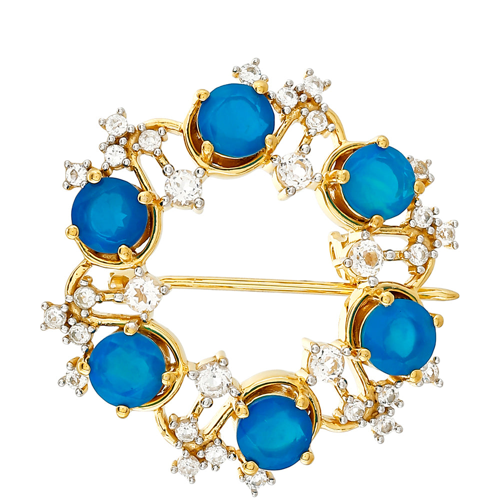 Kullattu hopeaRintaneula Etiopialaisella Paraiba-Sinisellä Opaalilla ja Valkoisella Topaasilla 1 