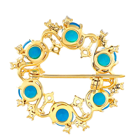 Kullattu hopeaRintaneula Etiopialaisella Paraiba-Sinisellä Opaalilla ja Valkoisella Topaasilla