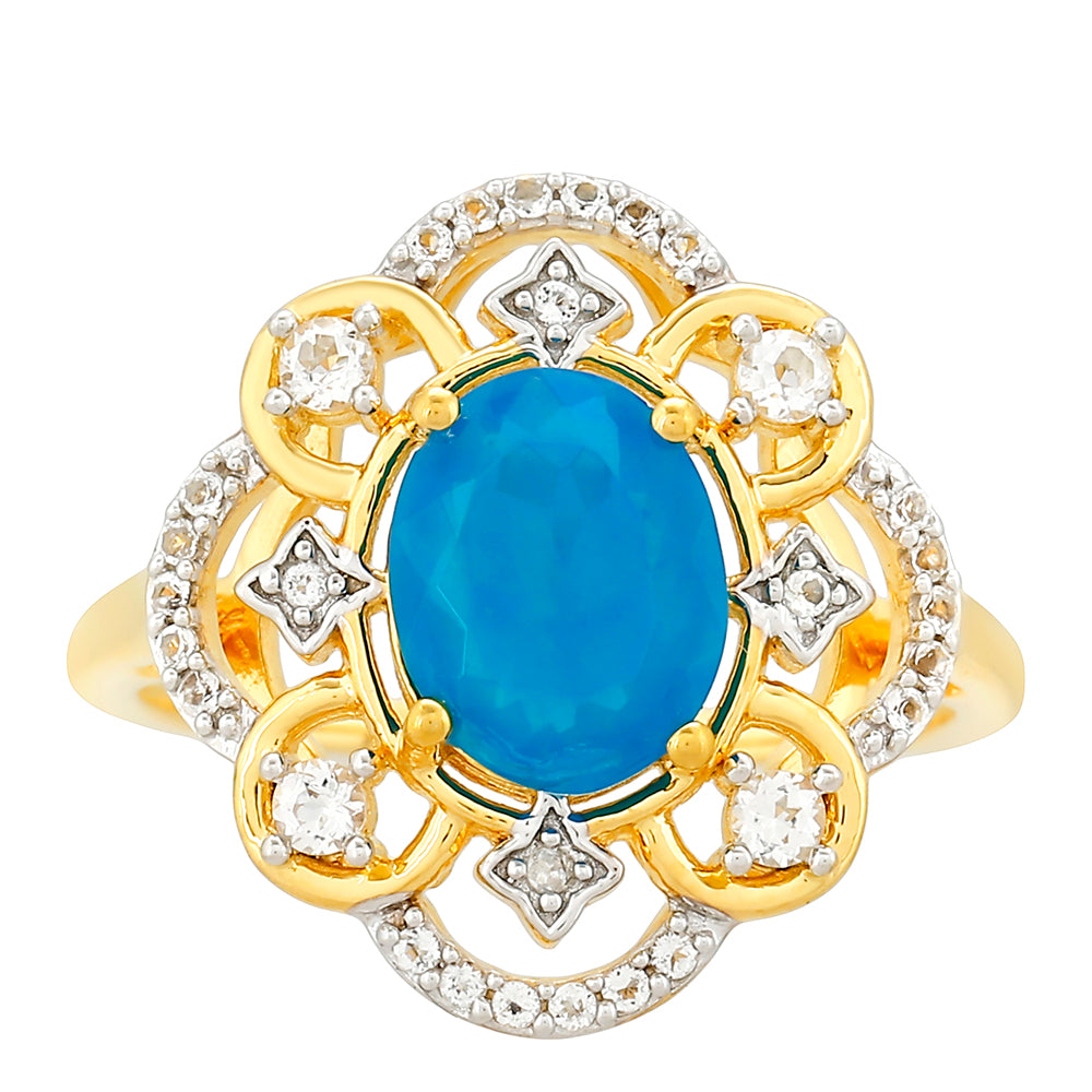 Kullattu hopeaSormus Etiopialaisella Paraiba-Sinisellä Opaalilla ja Valkoisella Topaasilla