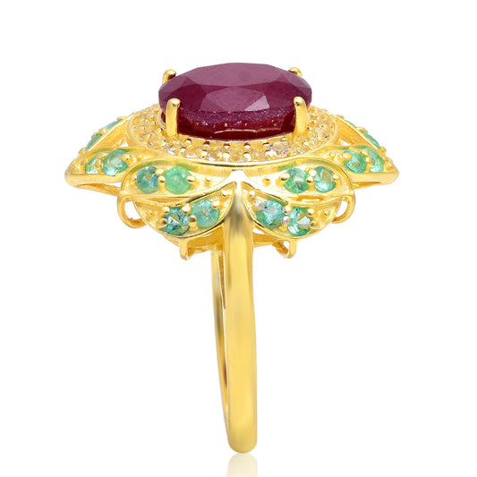 Kullattu hopeaSormus Malagassin Rubiinilla ja Brasilian Smaragdilla