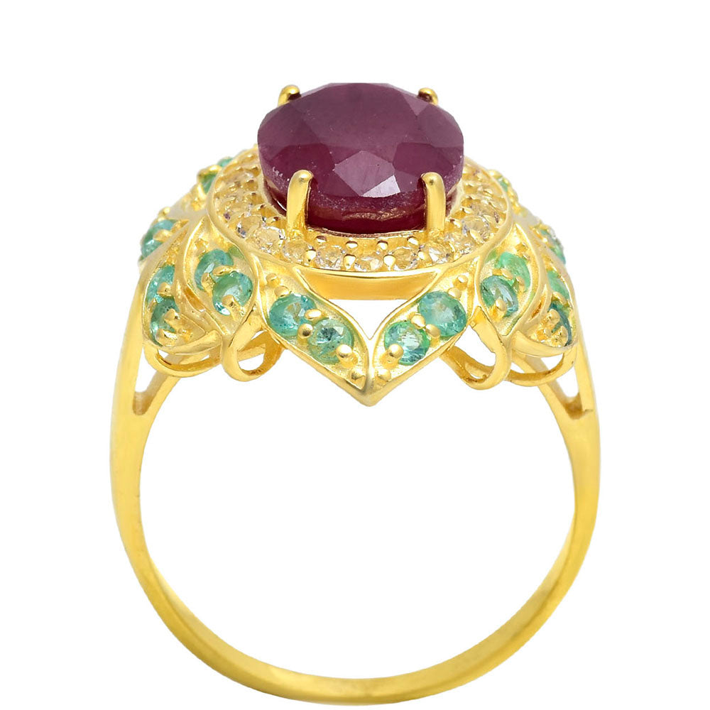 Kullattu hopeaSormus Malagassin Rubiinilla ja Brasilian Smaragdilla