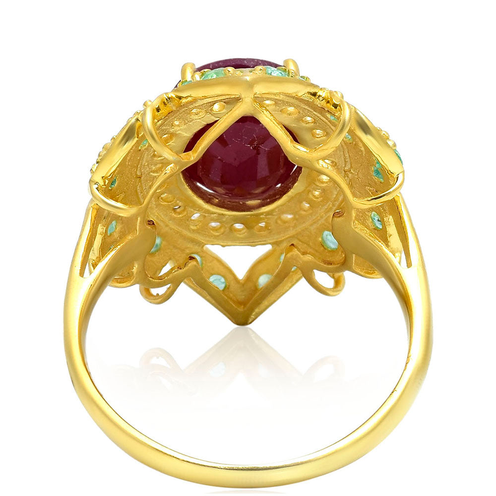 Kullattu hopeaSormus Malagassin Rubiinilla ja Brasilian Smaragdilla