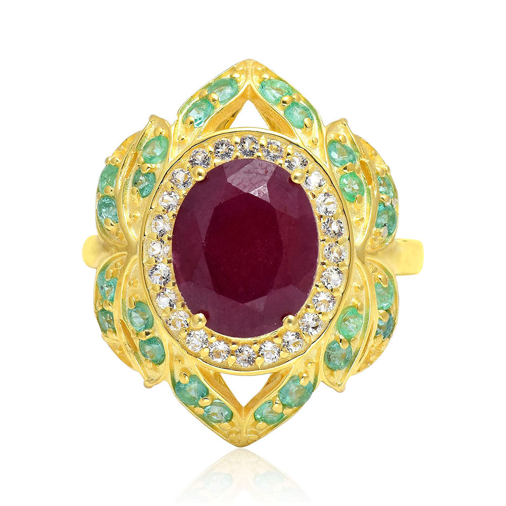 Kullattu hopeaSormus Malagassin Rubiinilla ja Brasilian Smaragdilla 1 