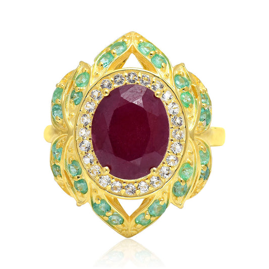 Kullattu hopeaSormus Malagassin Rubiinilla ja Brasilian Smaragdilla