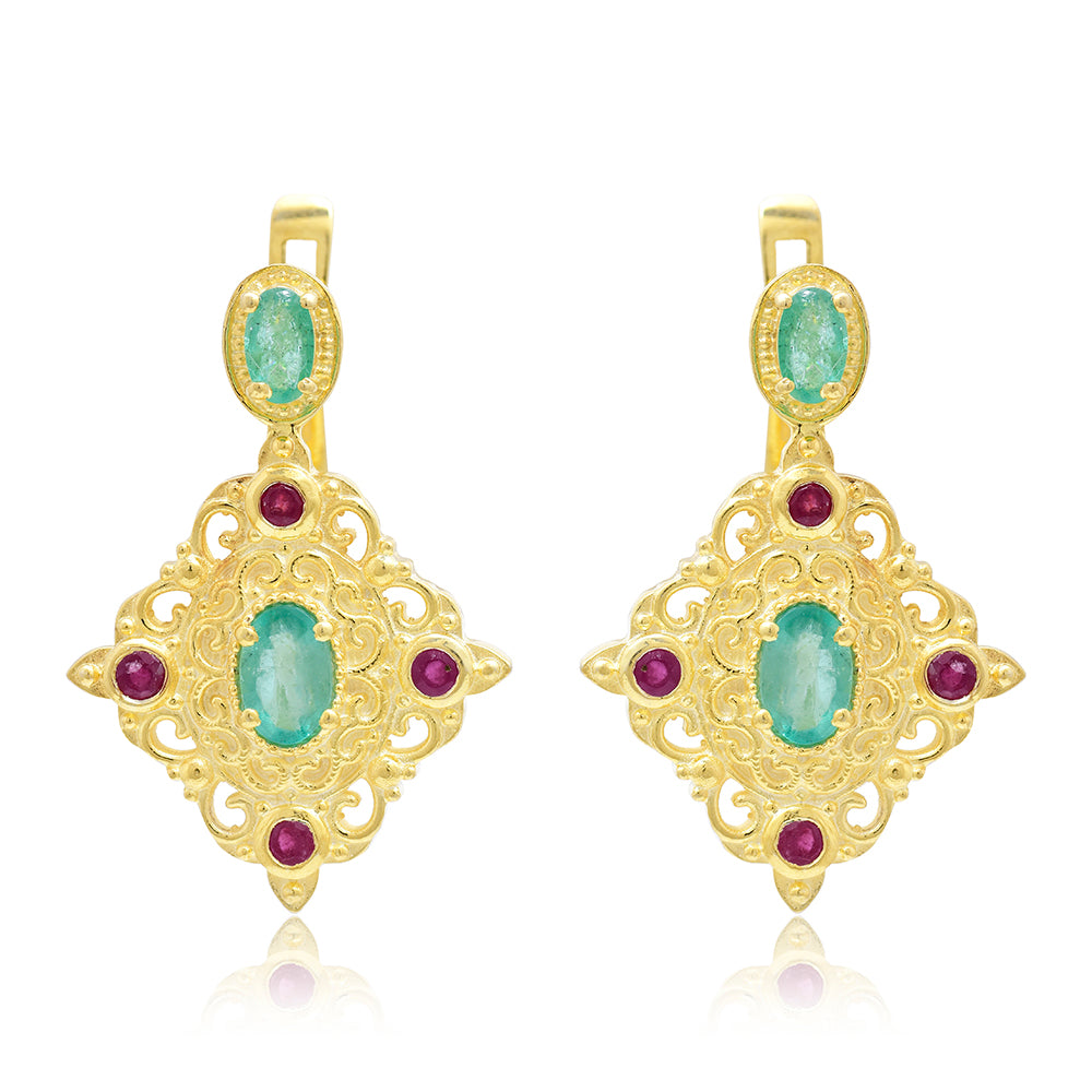 Kullatut hopeat Korvakorut Malagassin Rubiinilla ja Brasilian Smaragdilla 7 