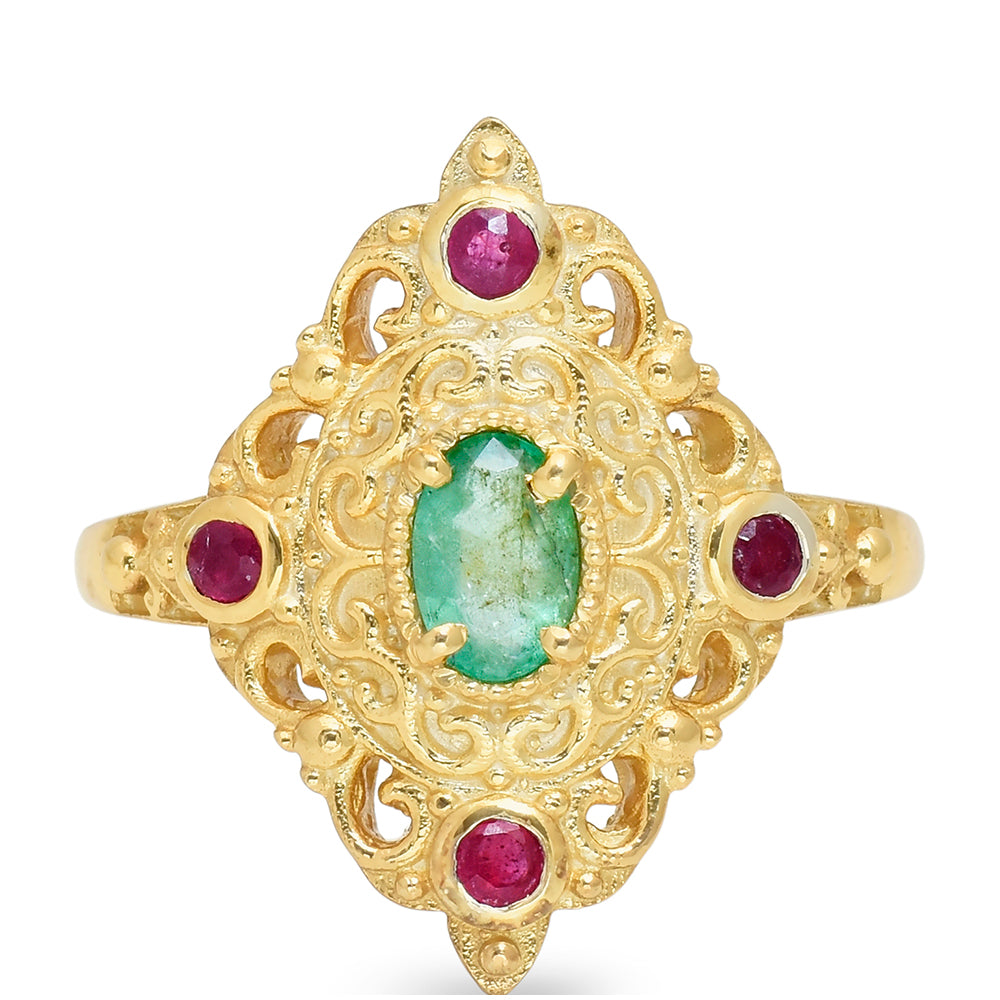 Kullattu hopeaSormus Malagassin Rubiinilla ja Brasilian Smaragdilla 2 