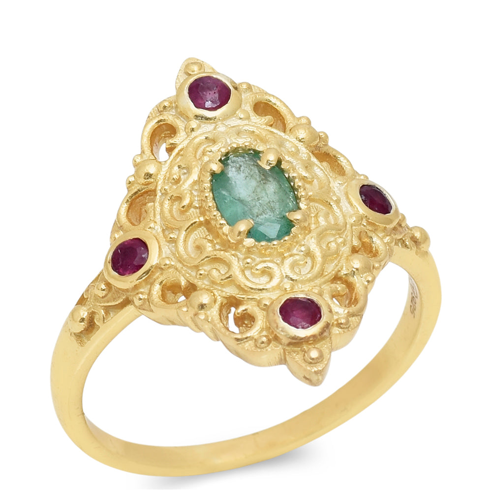 Kullattu hopeaSormus Malagassin Rubiinilla ja Brasilian Smaragdilla 1 