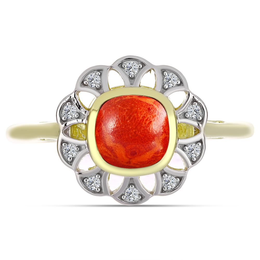 Kullattu hopeaSormus Punaisella Sienikorallilla ja Valkoisella Topaasilla