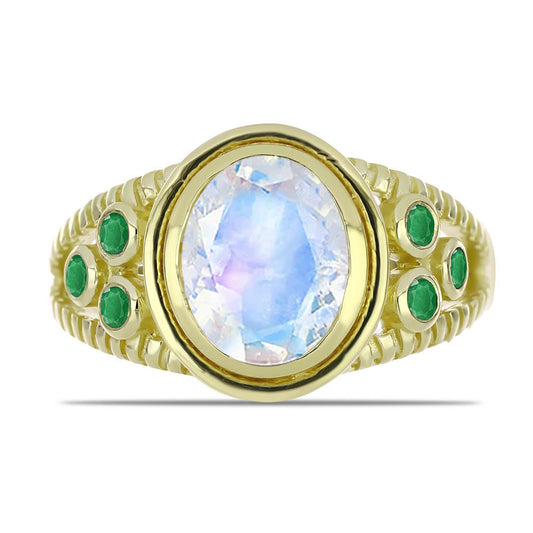 Kullattu hopeaSormus Sateenkaarikuukivellä ja Brasilian Smaragdilla