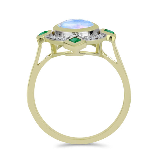 Kullattu hopeaSormus Sateenkaarikuukivellä ja Brasilian Smaragdilla