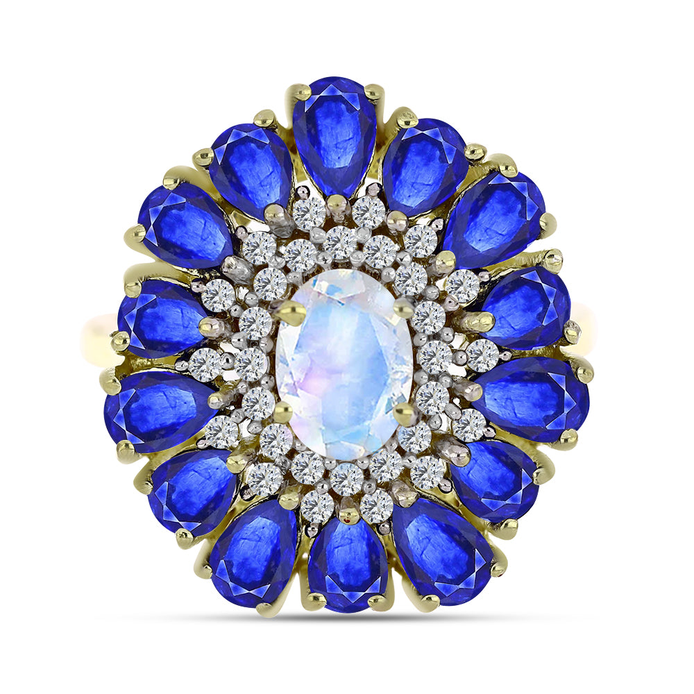 Kullattu hopeaSormus Sateenkaarikuukivellä ja Australialaisella Sinisellä Safiirilla 1 