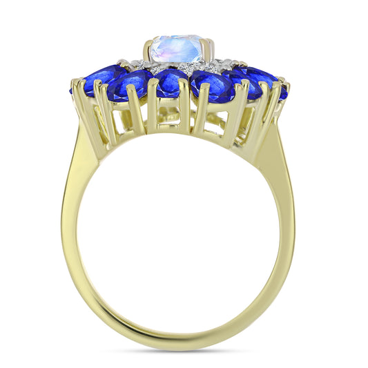 Kullattu hopeaSormus Sateenkaarikuukivellä ja Australialaisella Sinisellä Safiirilla