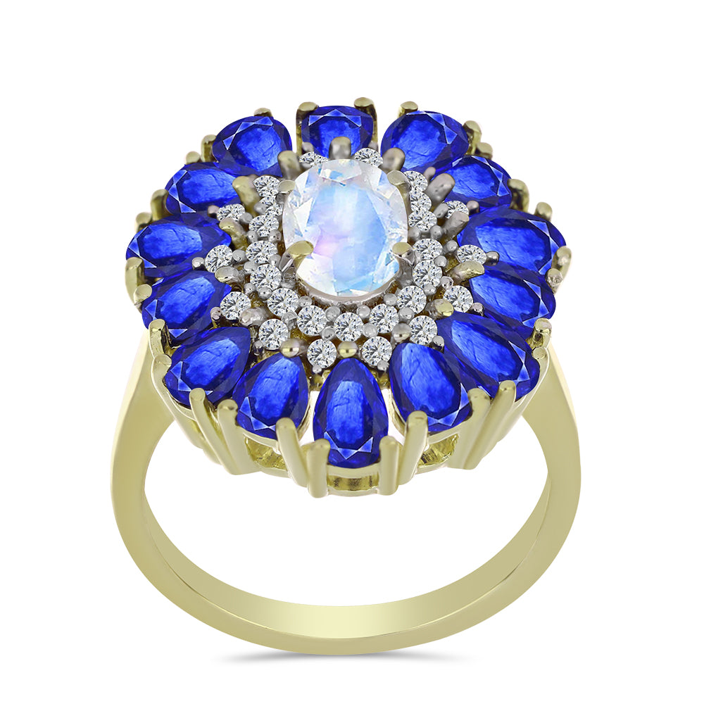 Kullattu hopeaSormus Sateenkaarikuukivellä ja Australialaisella Sinisellä Safiirilla 3 