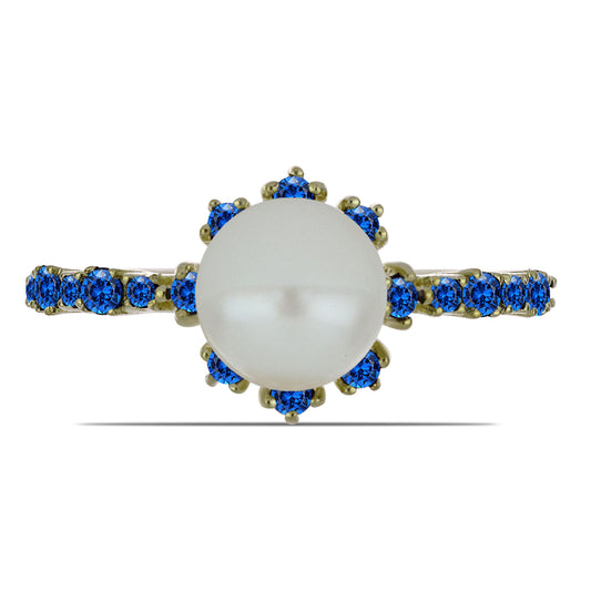 Kullattu hopeaSormus Makeanveden Valkoisella Helmellä ja Australialaisella Sinisellä Safiirilla