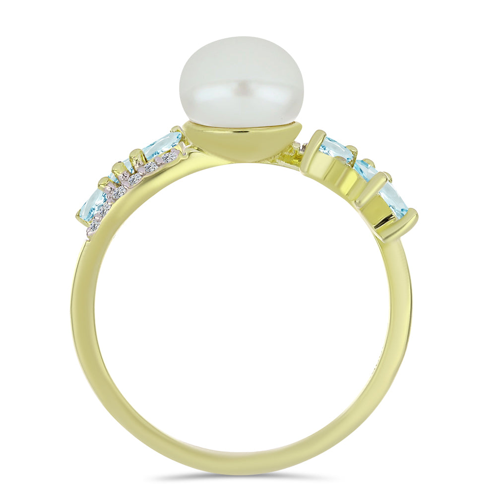 Kullattu hopeaSormus Makeanveden Valkoisella Helmellä ja Akvamariinilla