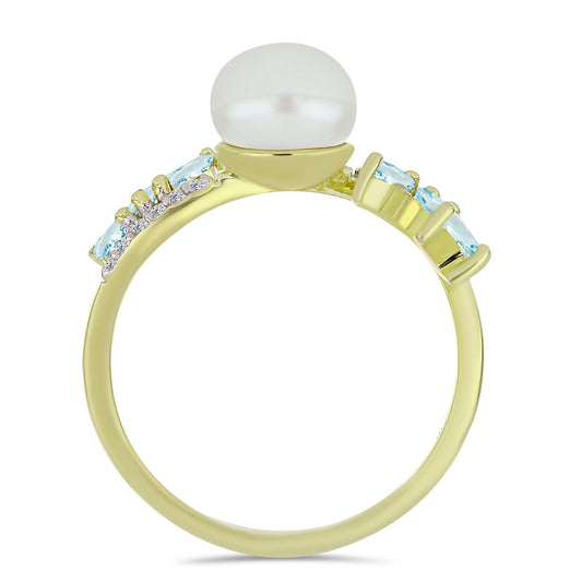 Kullattu hopeaSormus Makeanveden Valkoisella Helmellä ja Akvamariinilla