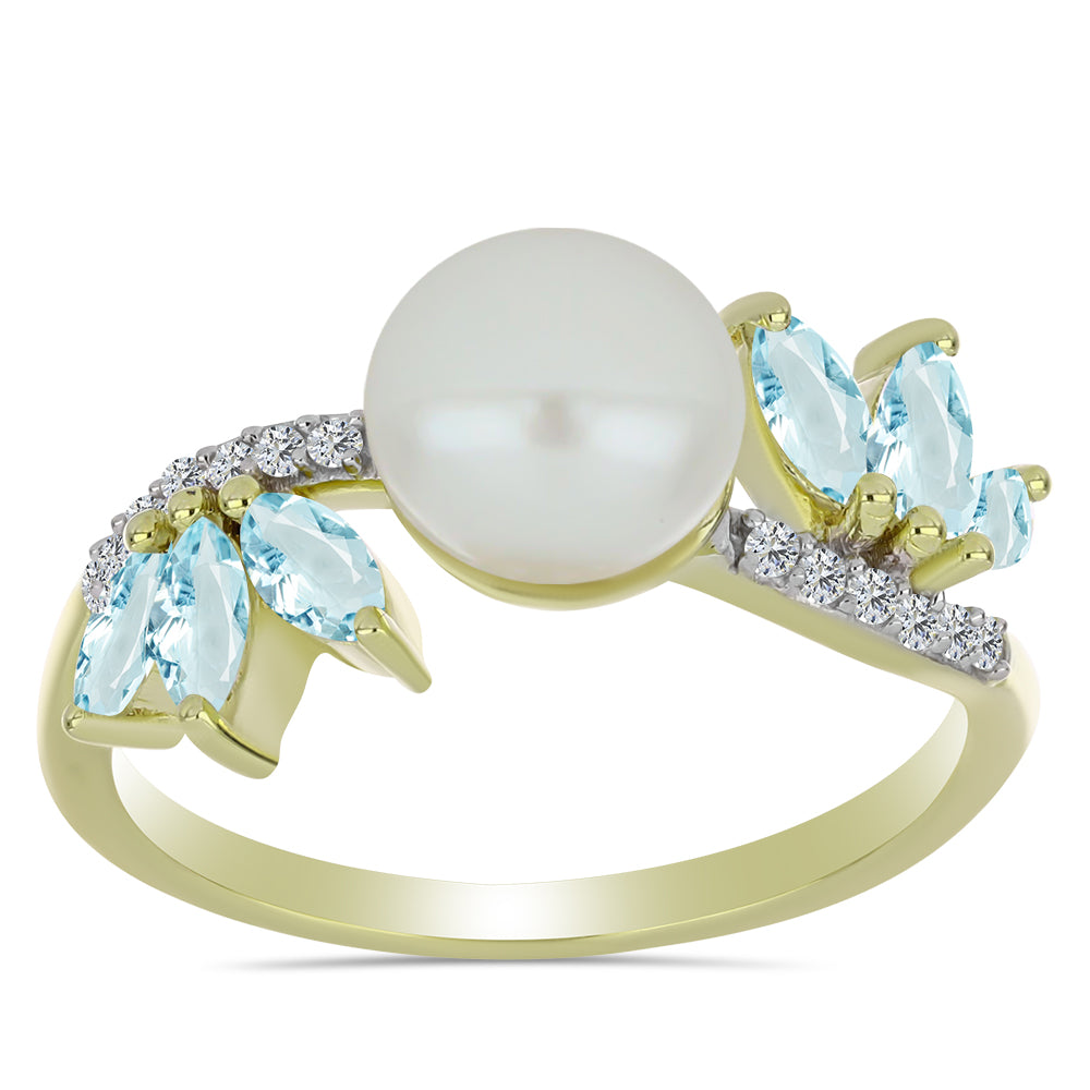 Kullattu hopeaSormus Makeanveden Valkoisella Helmellä ja Akvamariinilla