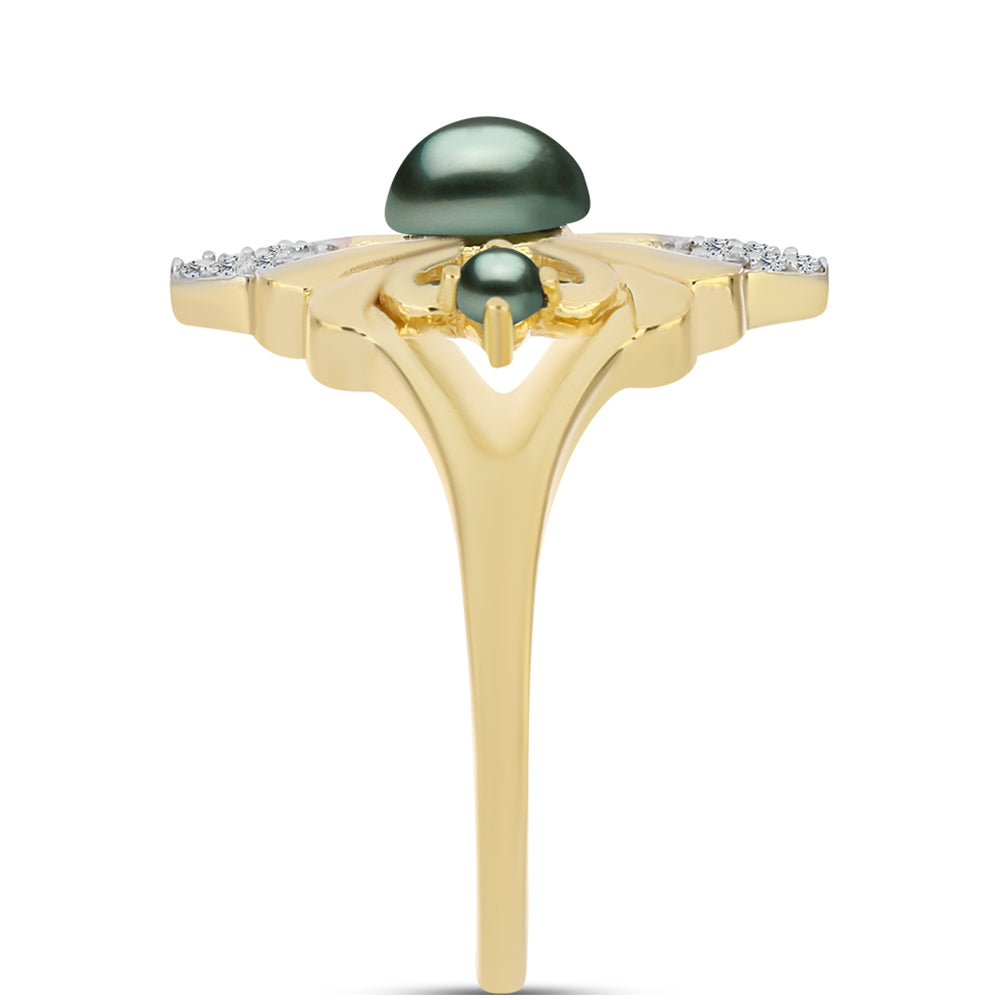 Kullattu hopeaSormus Tahitian vihreä illuusio makeanveden helmi ja Valkoisella Topaasilla