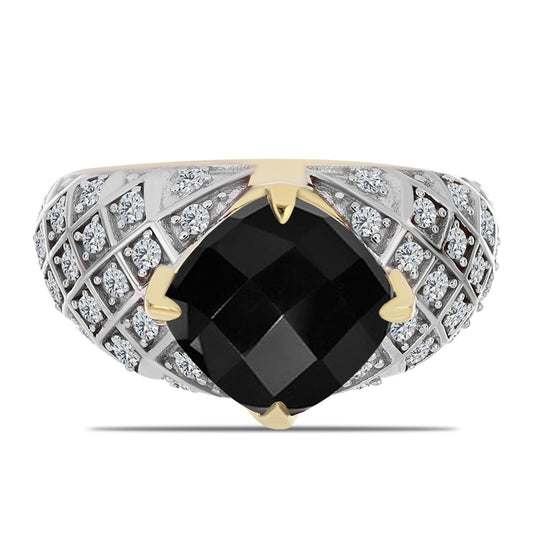 Kullattu hopeaSormus Mustalla Onyksilla ja Valkoisella Topaasilla