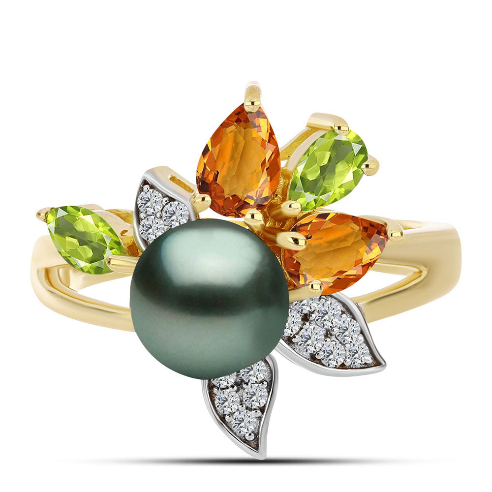 Kullattu hopeaSormus Tahitian vihreä illuusio makeanveden helmi ja Ural Sitriinillä