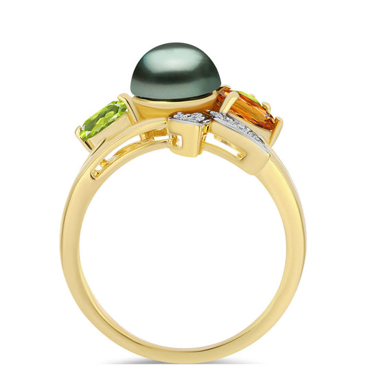 Kullattu hopeaSormus Tahitian vihreä illuusio makeanveden helmi ja Ural Sitriinillä