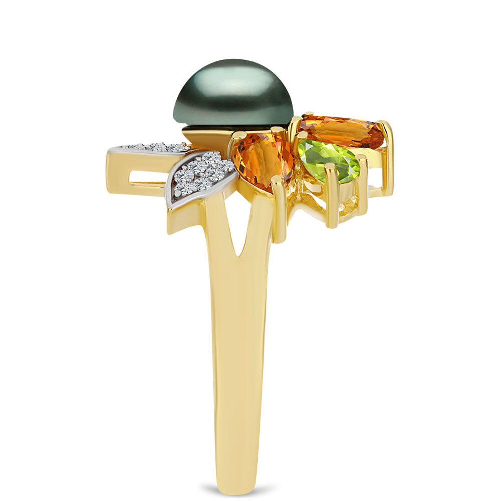 Kullattu hopeaSormus Tahitian vihreä illuusio makeanveden helmi ja Ural Sitriinillä