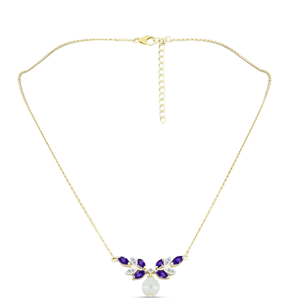 Kullattu hopeaKaulakoru Marokon Ametistilla ja Makeanveden Valkoisella Helmellä 1 