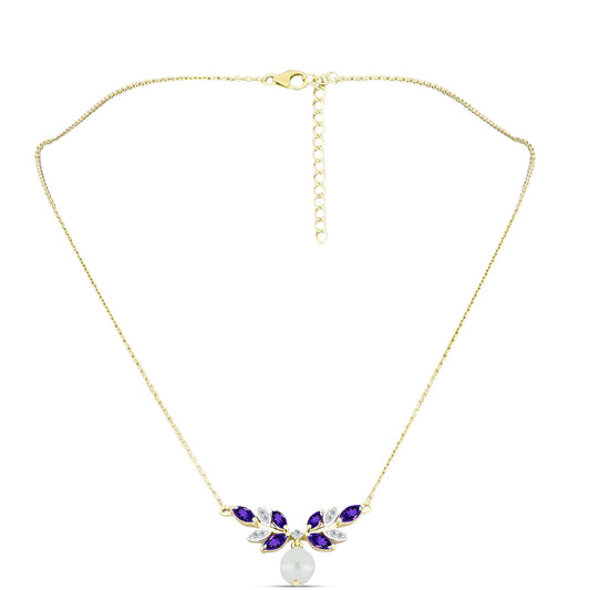 Kullattu hopeaKaulakoru Marokon Ametistilla ja Makeanveden Valkoisella Helmellä