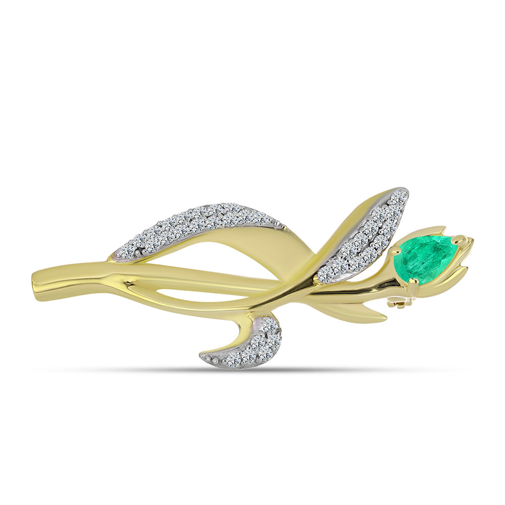 Kullattu hopeaRintaneula Kolumbian Smaragdilla ja Valkoisella Timantilla 1 