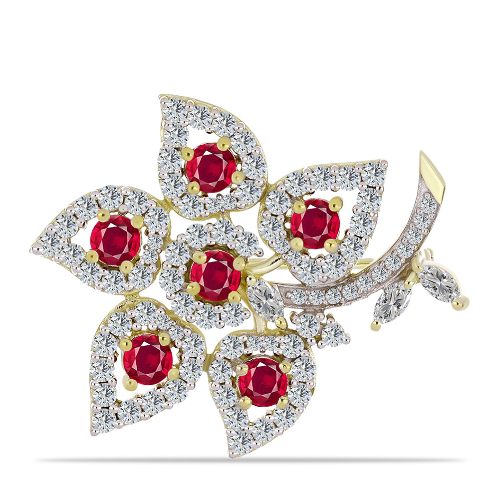 Kullattu hopeaRintaneula Malagassin Rubiinilla ja Valkoisella Topaasilla