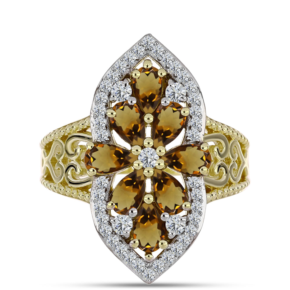 Kullattu hopeaSormus Konjakin Värisellä Kvartsilla ja Valkoisella Topaasilla