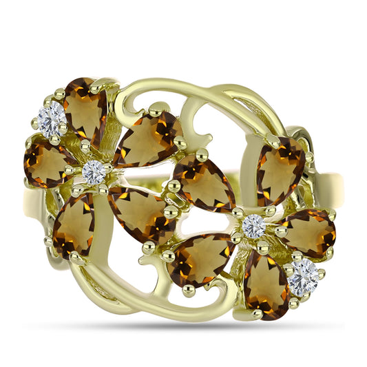 Kullattu hopeaSormus Konjakin Värisellä Kvartsilla ja Valkoisella Topaasilla