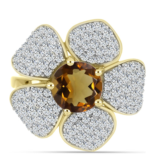 Kullattu hopeaSormus Konjakin Värisellä Kvartsilla ja Valkoisella Topaasilla