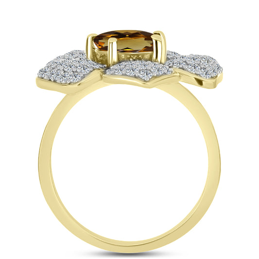 Kullattu hopeaSormus Konjakin Värisellä Kvartsilla ja Valkoisella Topaasilla