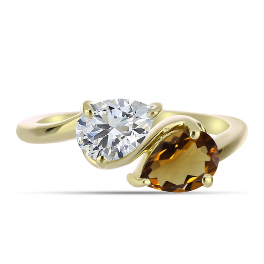 Kullattu hopeaSormus Konjakin Värisellä Kvartsilla ja Valkoisella Topaasilla