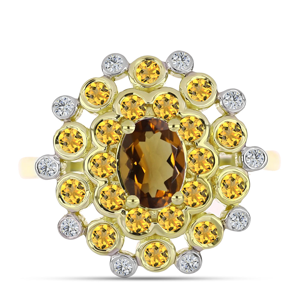 Kullattu hopeaSormus Konjakin Värisellä Kvartsilla ja Valkoisella Topaasilla