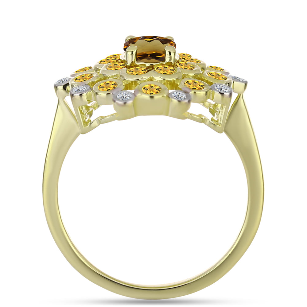 Kullattu hopeaSormus Konjakin Värisellä Kvartsilla ja Valkoisella Topaasilla