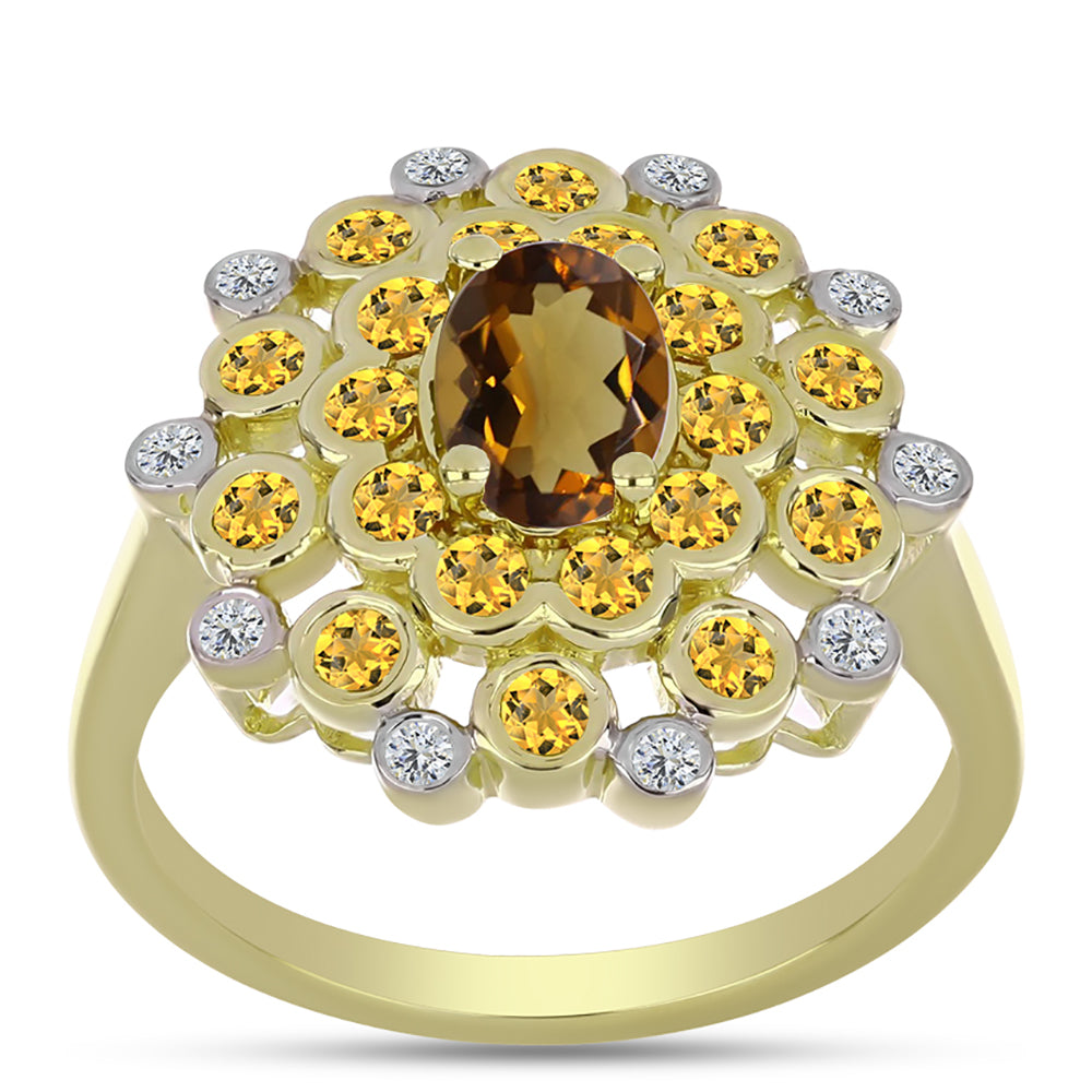 Kullattu hopeaSormus Konjakin Värisellä Kvartsilla ja Valkoisella Topaasilla 3 