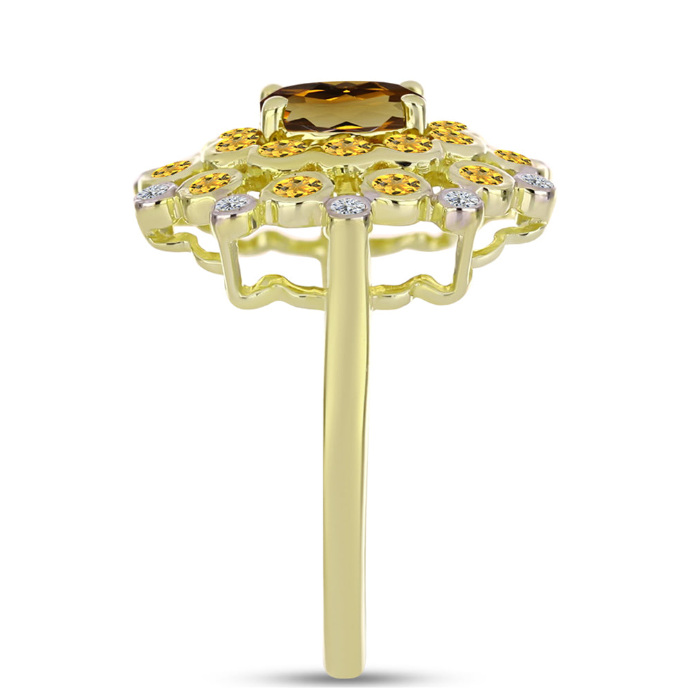 Kullattu hopeaSormus Konjakin Värisellä Kvartsilla ja Valkoisella Topaasilla 4 