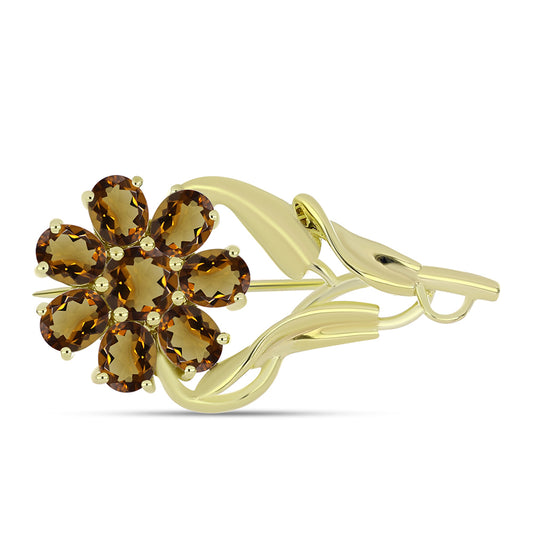 Kullattu hopeaRintaneula Konjakin Värisellä Kvartsilla ja Valkoisella Topaasilla