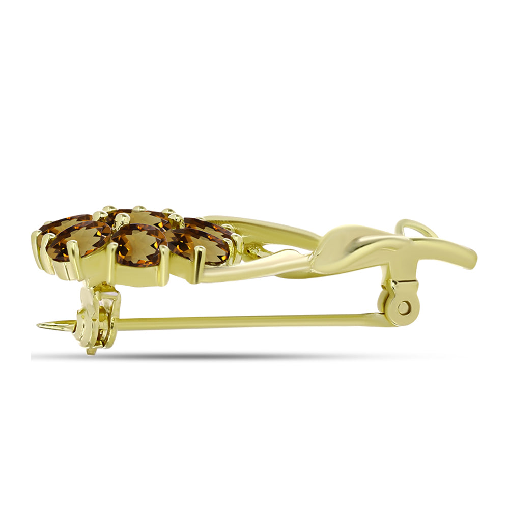 Kullattu hopeaRintaneula Konjakin Värisellä Kvartsilla ja Valkoisella Topaasilla