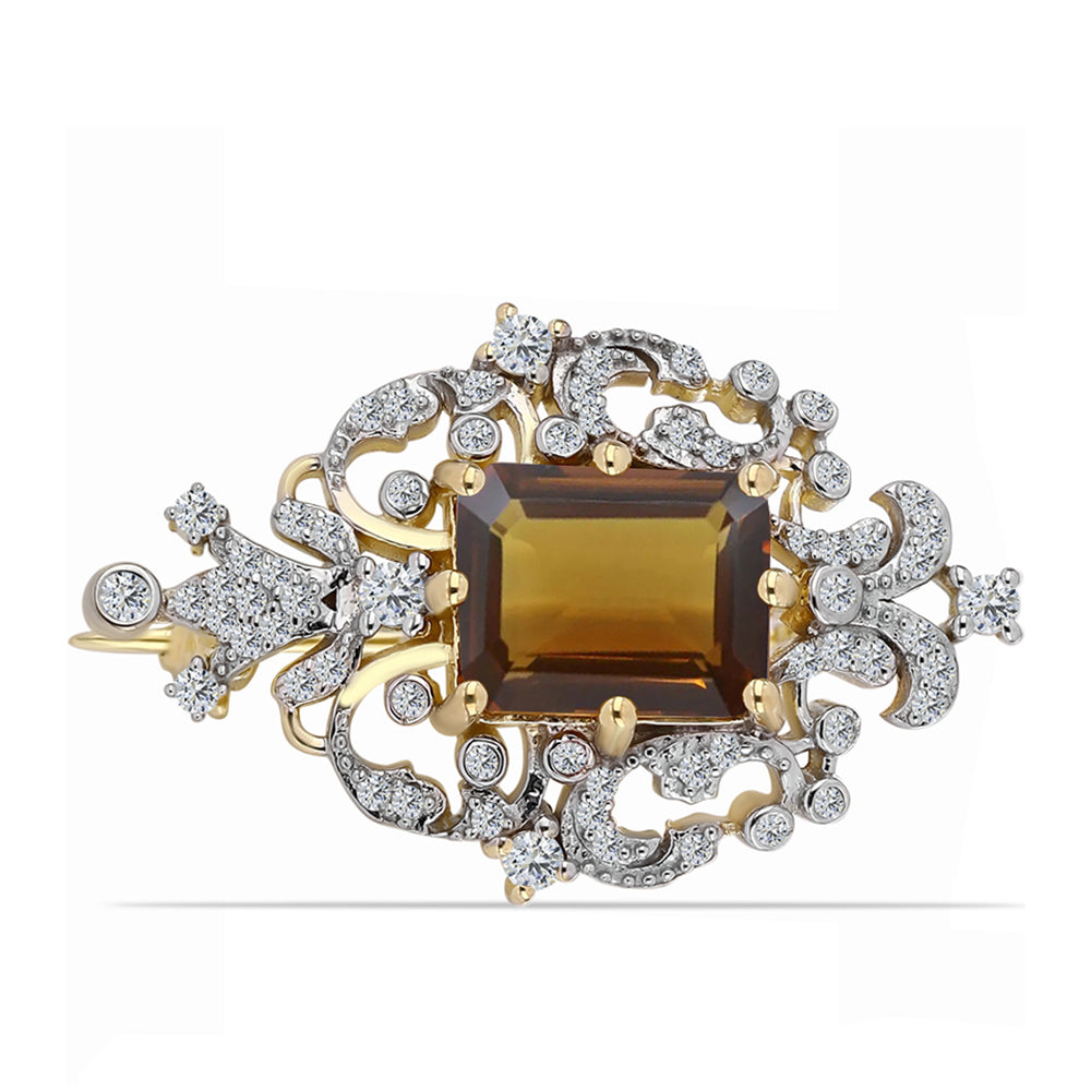 Kullattu hopeaRintaneula Konjakin Värisellä Kvartsilla ja Valkoisella Topaasilla 1 